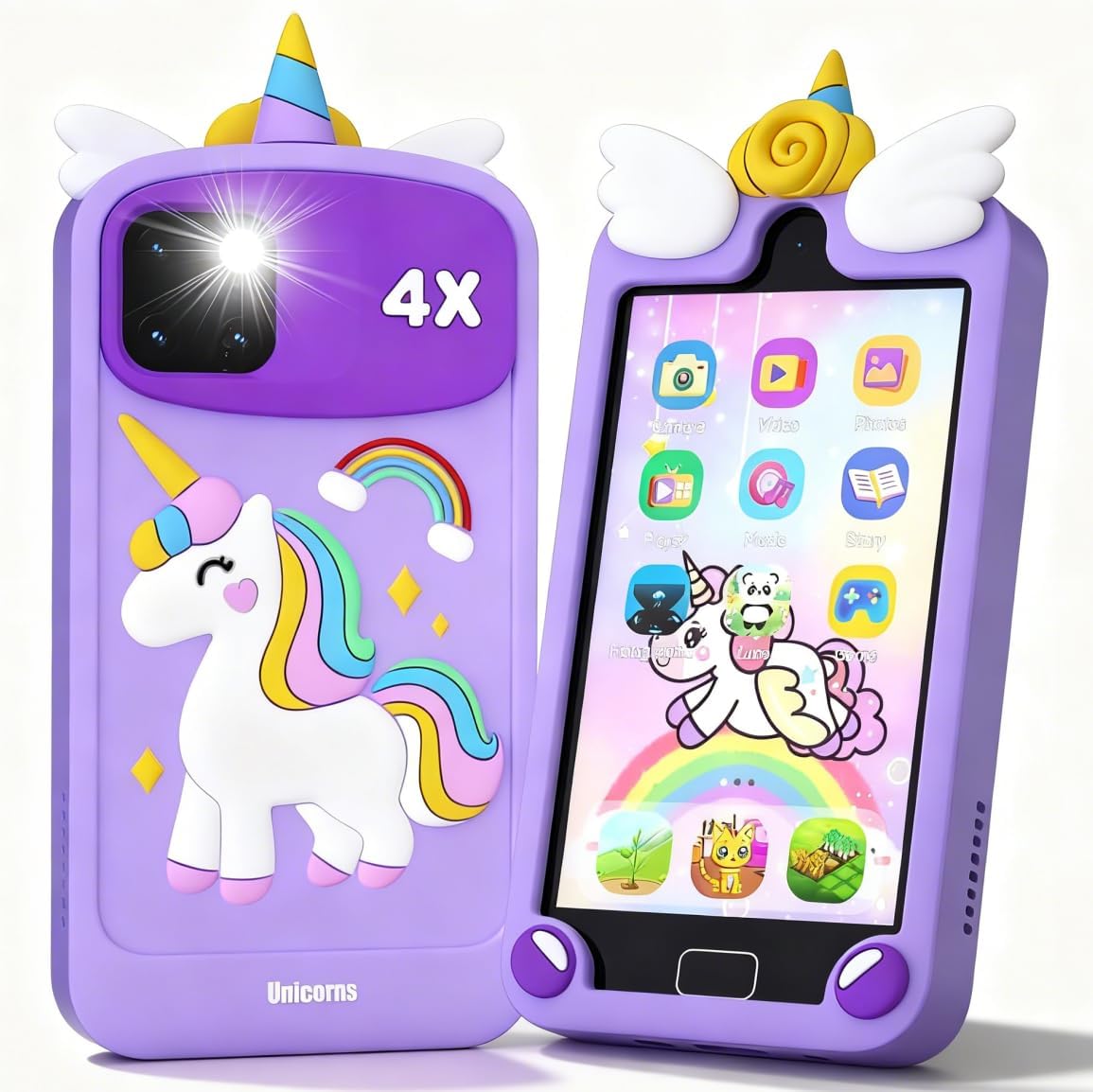 Purple unicorn case kids smart phone - HD dual cameras no WI-FI learning toy Psalms & Pals