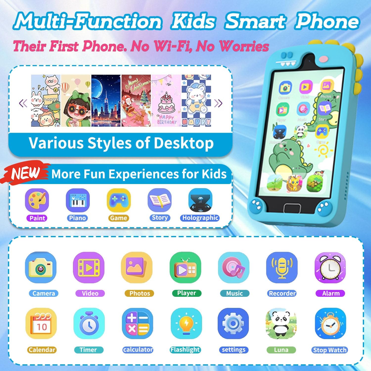 Dinosaur Blue Kids Smart Phone - No Wi-Fi Learning Toy | Psalms