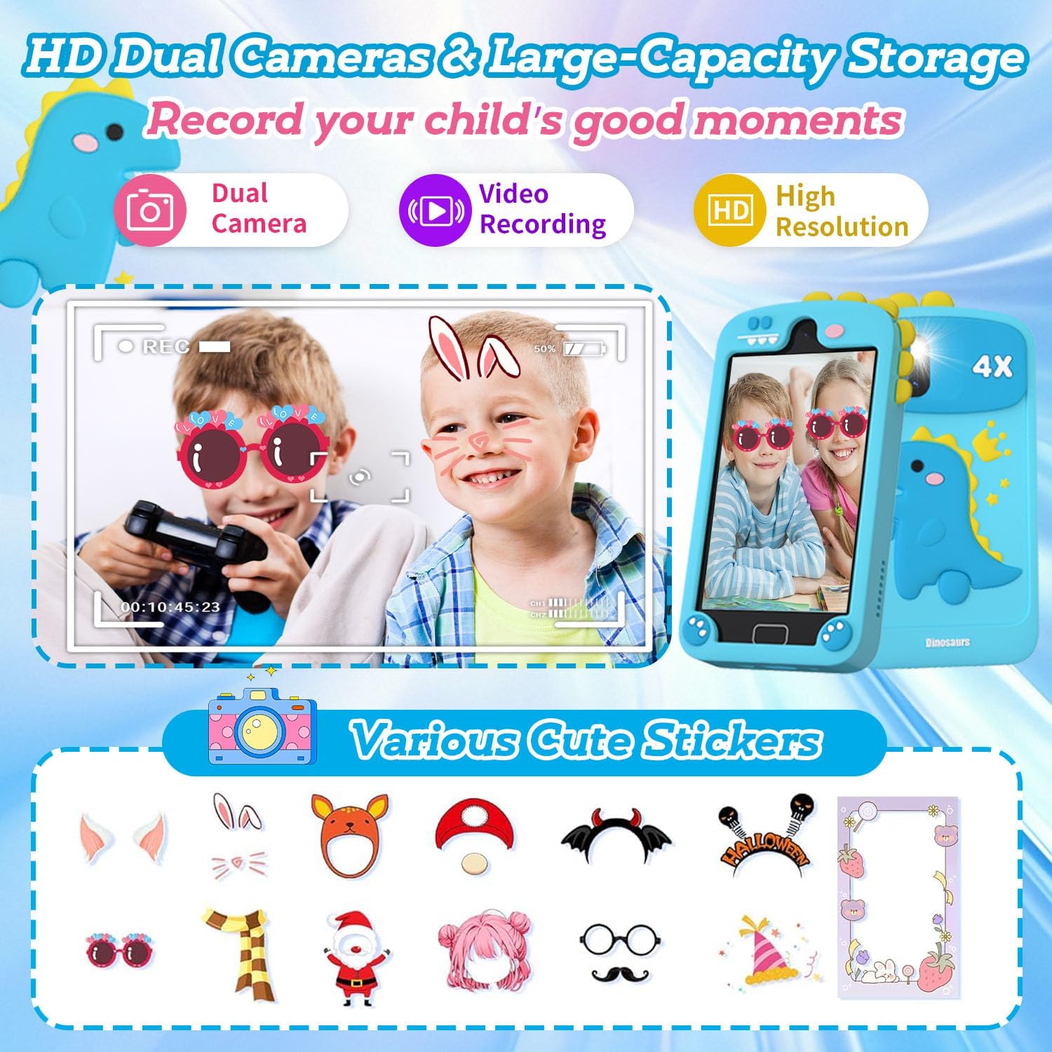 Blue dinosaur kids smart phone HD dual cameras - photo taking with cute stickers