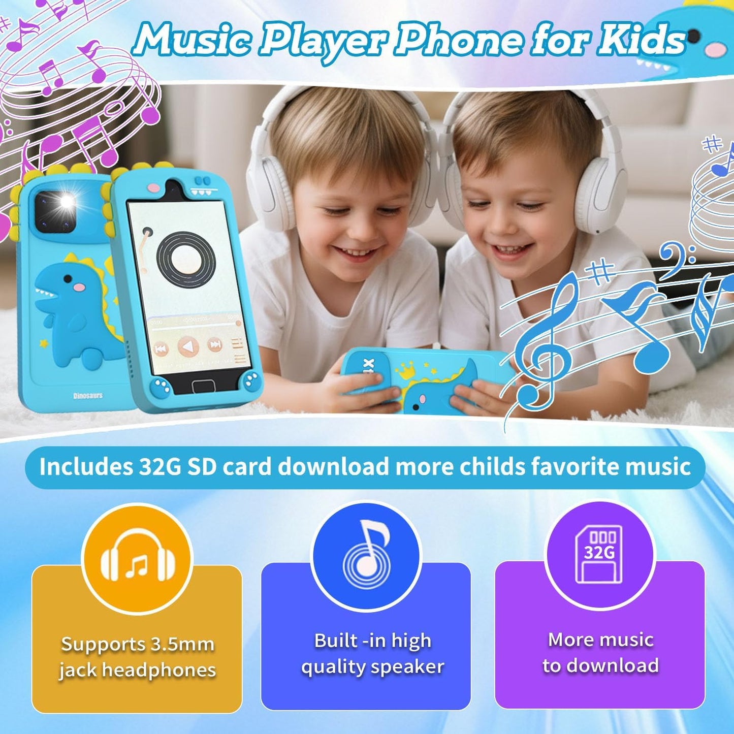 Blue dinosaur kids smart phone - 32G SD card support 3.5mm headphones