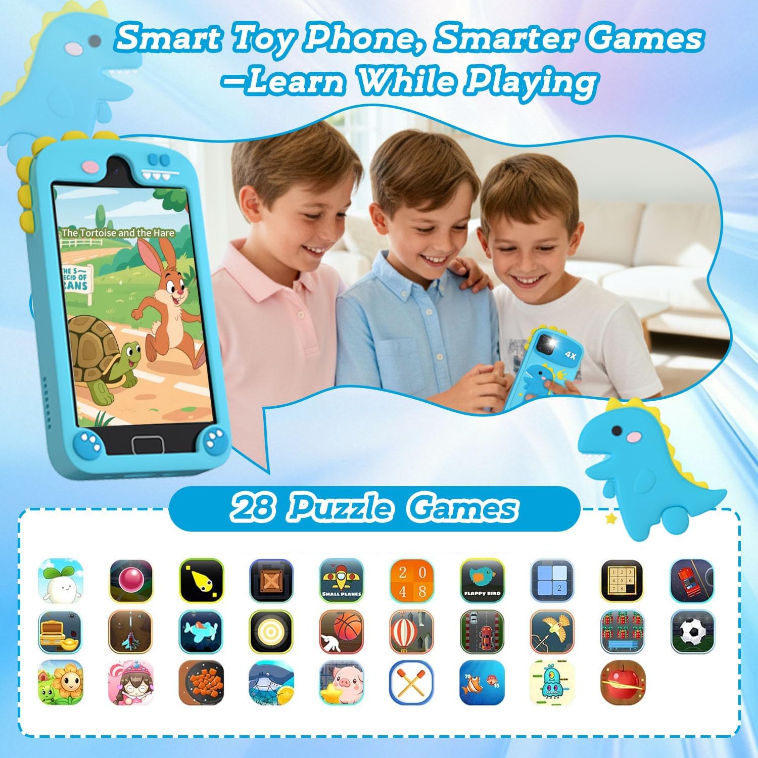 28 puzzle games on blue dinosaur kids learning phone - fun educational play