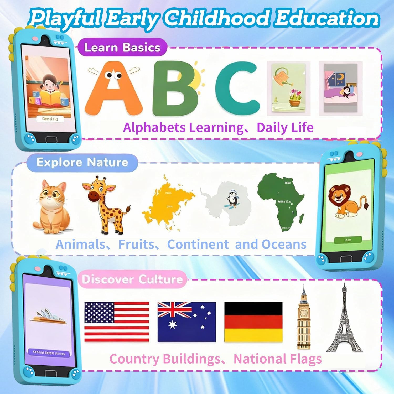 4.0" touchscreen of blue dinosaur kids phone - early education themes interface