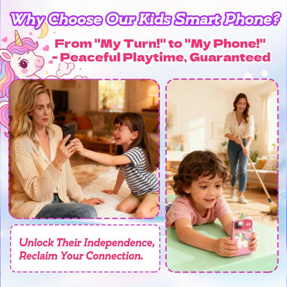 Pink unicorn kids phone solves phone-sharing conflicts - independent play for kids