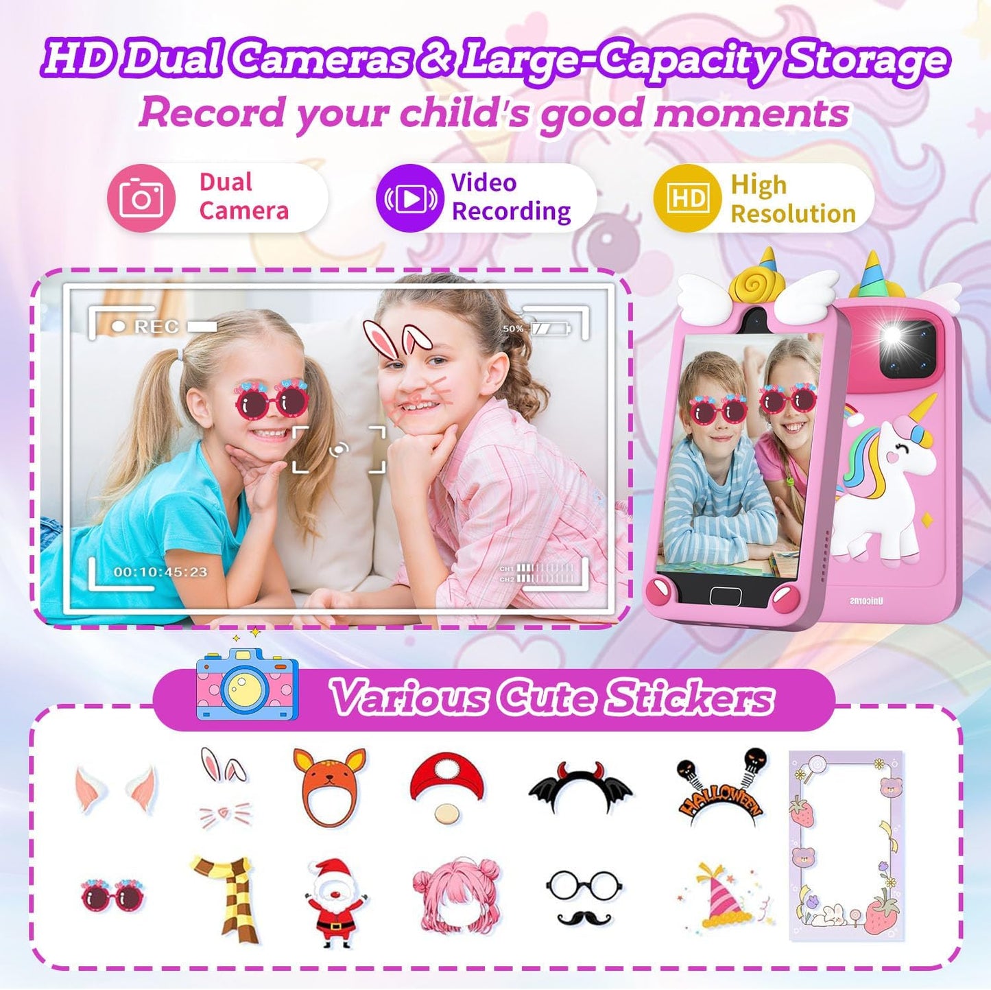 Pink unicorn kids smart phone HD dual cameras - video recording with cute photo stickers