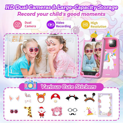 Pink unicorn kids smart phone HD dual cameras - video recording with cute photo stickers