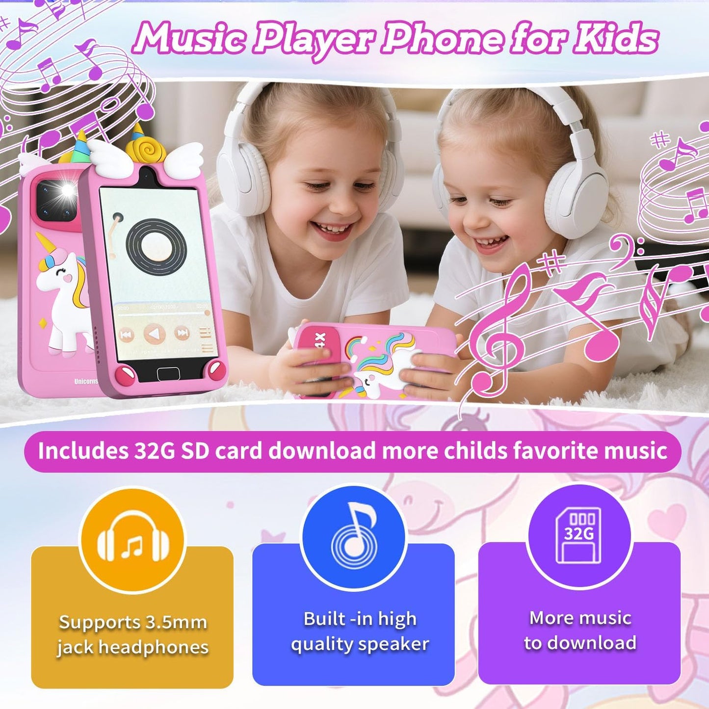 Pink unicorn kids phone music player - 32G SD card support 3.5mm headphones