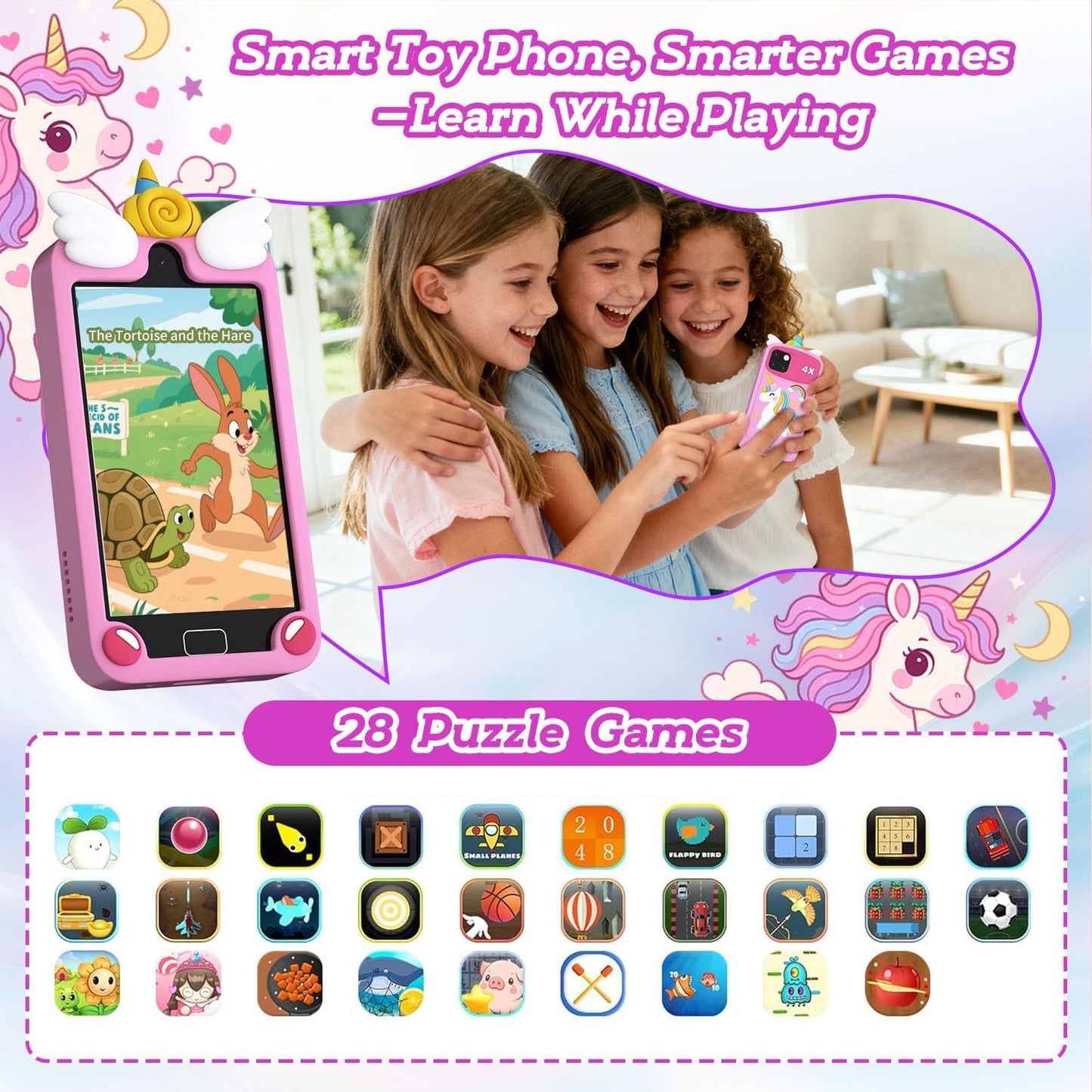 Pink unicorn kids smart phone 28 puzzle games - learn while playing with friends