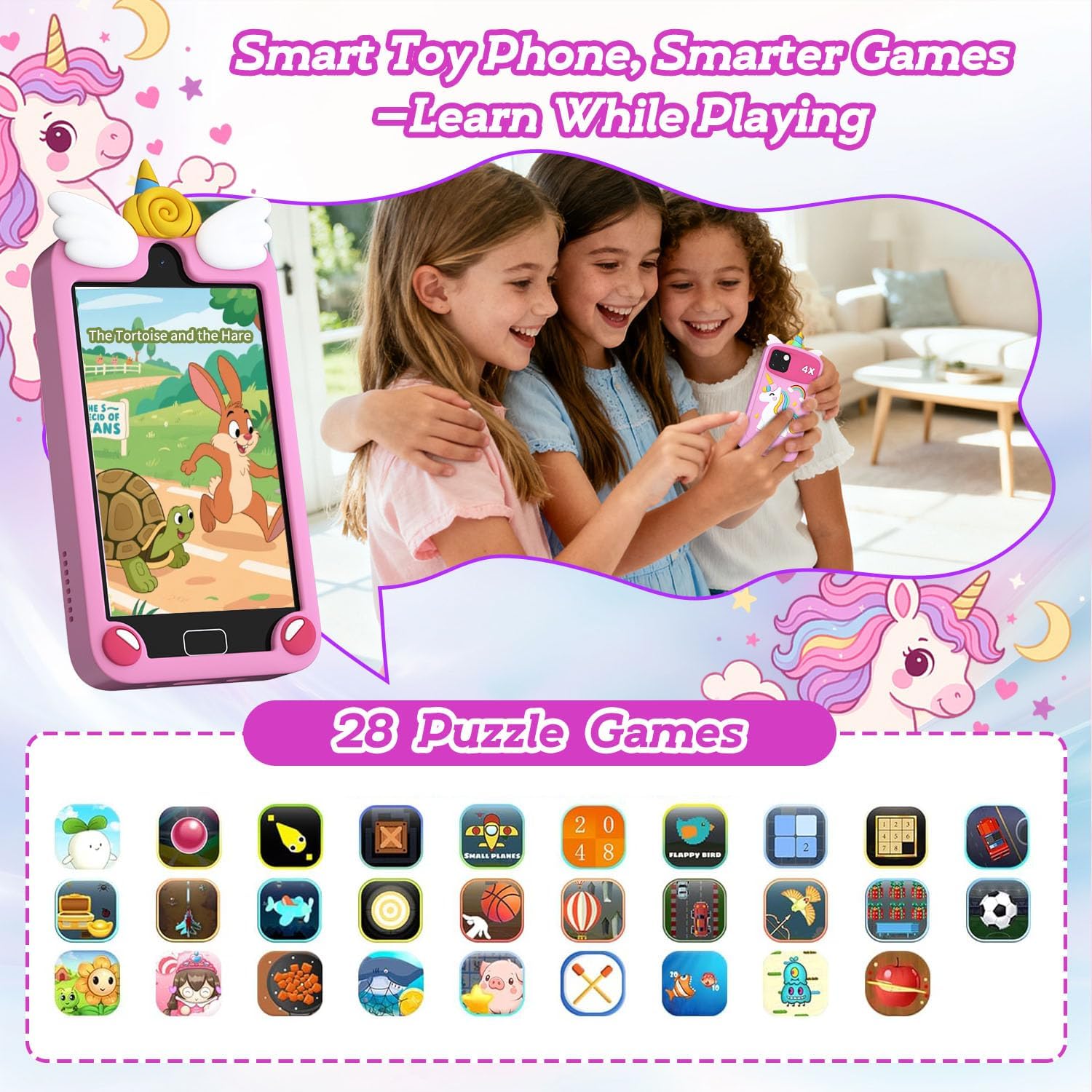 Pink unicorn kids smart phone 28 puzzle games - learn while playing with friends