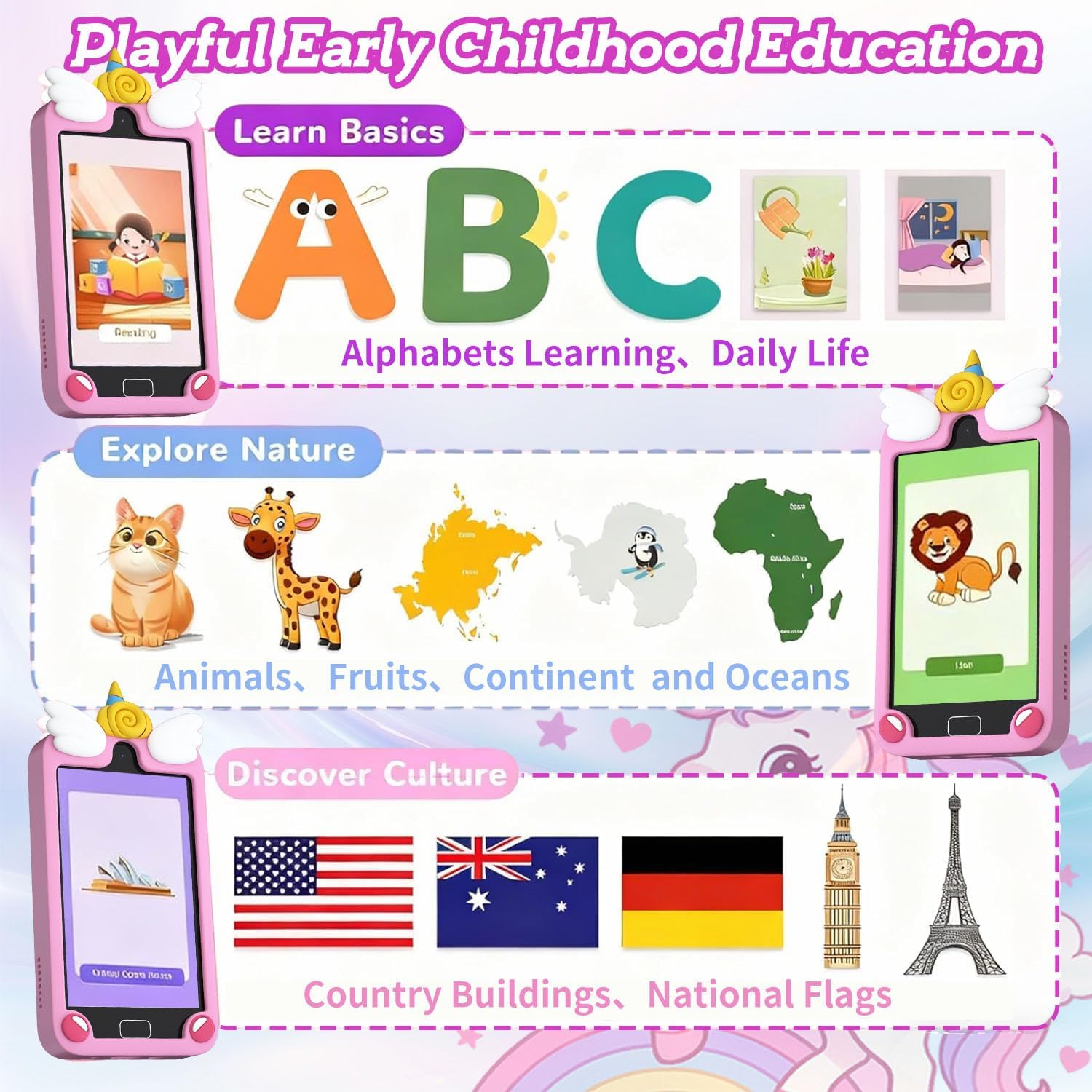 Pink unicorn kids phone early education features - alphabets animals national flags learning