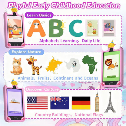 Pink unicorn kids phone early education features - alphabets animals national flags learning