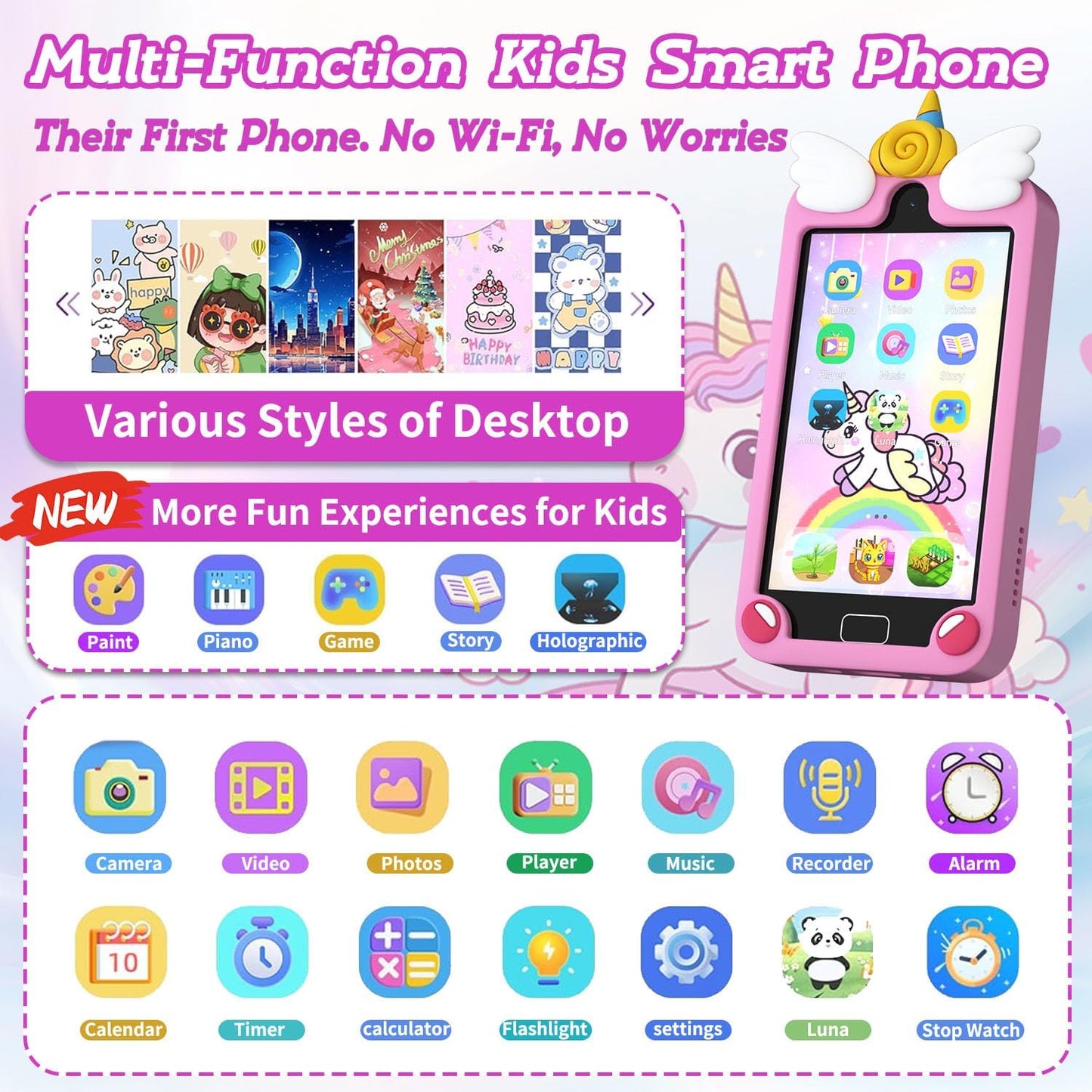 Pink unicorn multi-function kids smart phone - no Wi-Fi paint piano holographic features