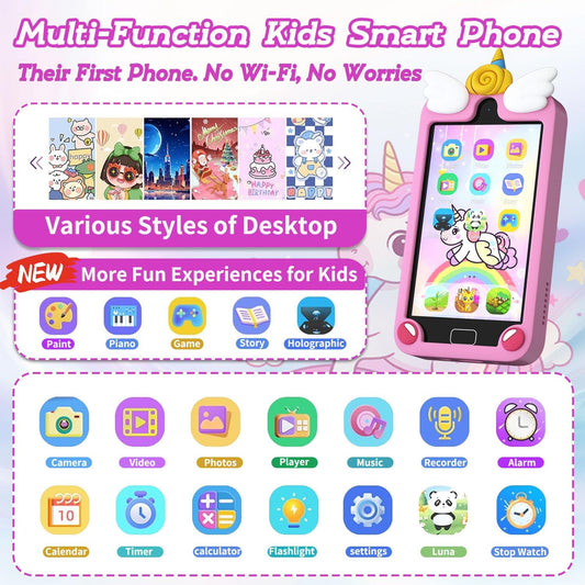 Pink unicorn multi-function kids smart phone - no Wi-Fi paint piano holographic features