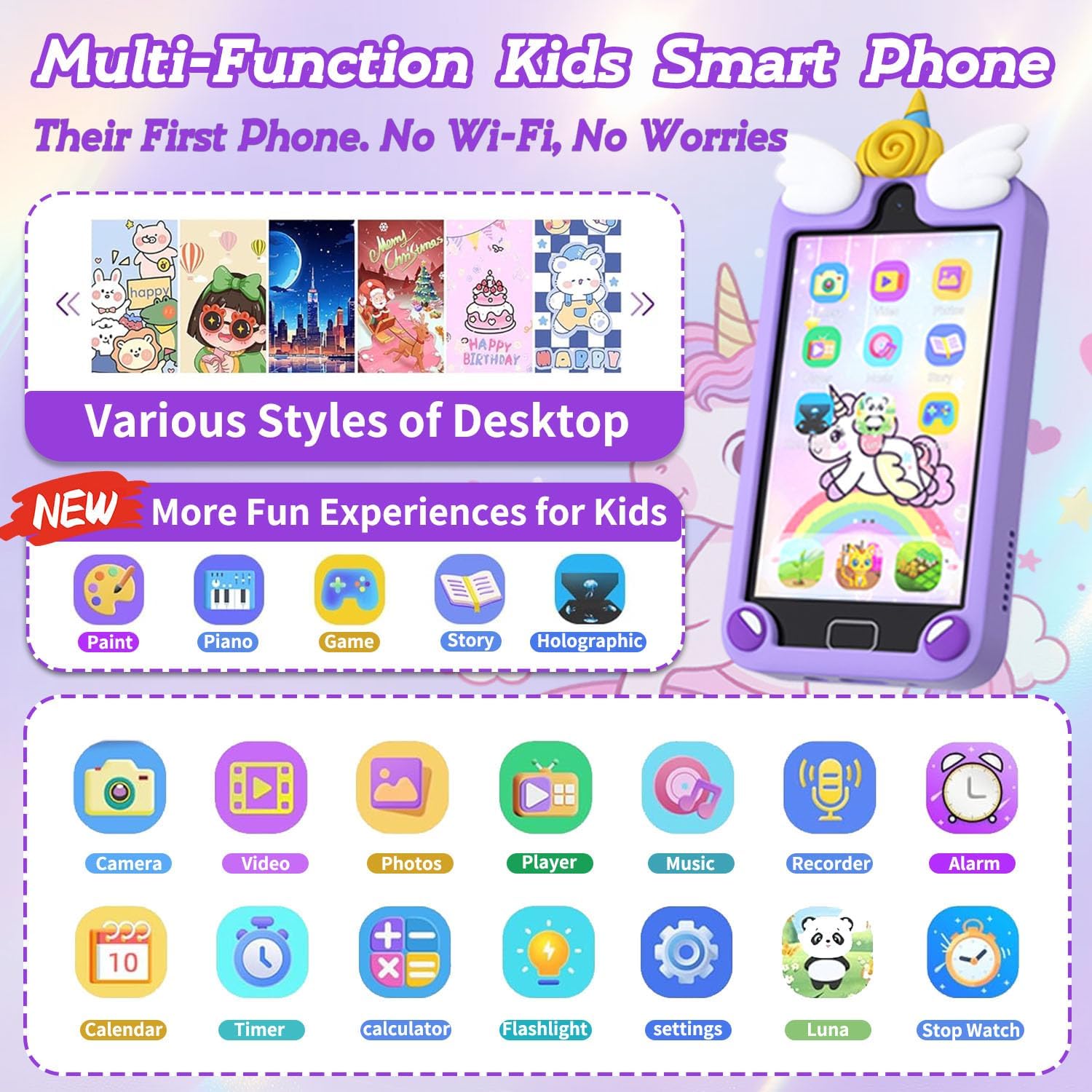 Purple unicorn multi-function kids smart phone - no Wi-Fi paint piano holographic features