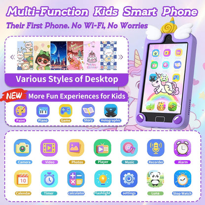 Purple unicorn multi-function kids smart phone - no Wi-Fi paint piano holographic features
