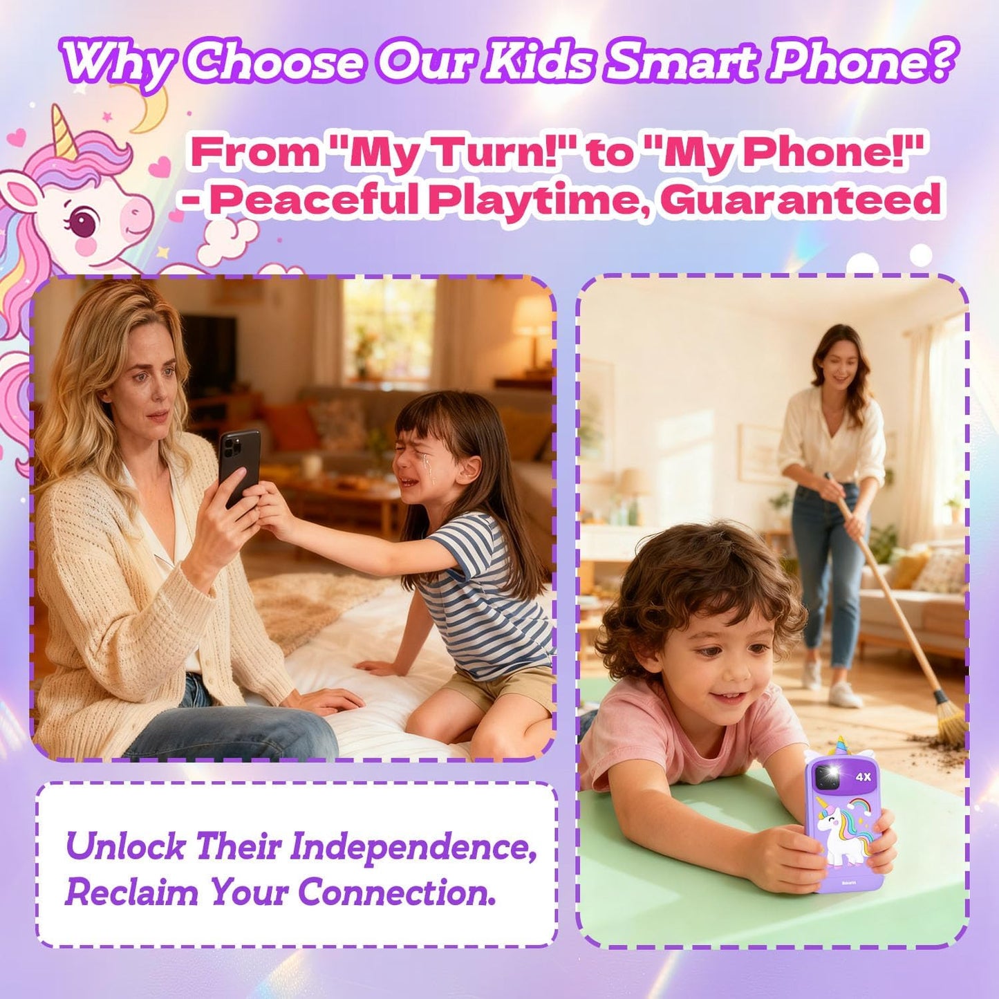 Purple unicorn kids phone solves phone-sharing conflicts - independent play for kids