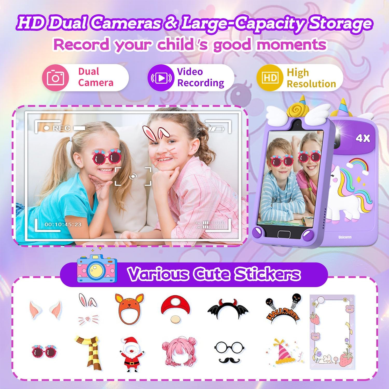 Purple unicorn kids smart phone HD dual cameras - photo recording with cute stickers