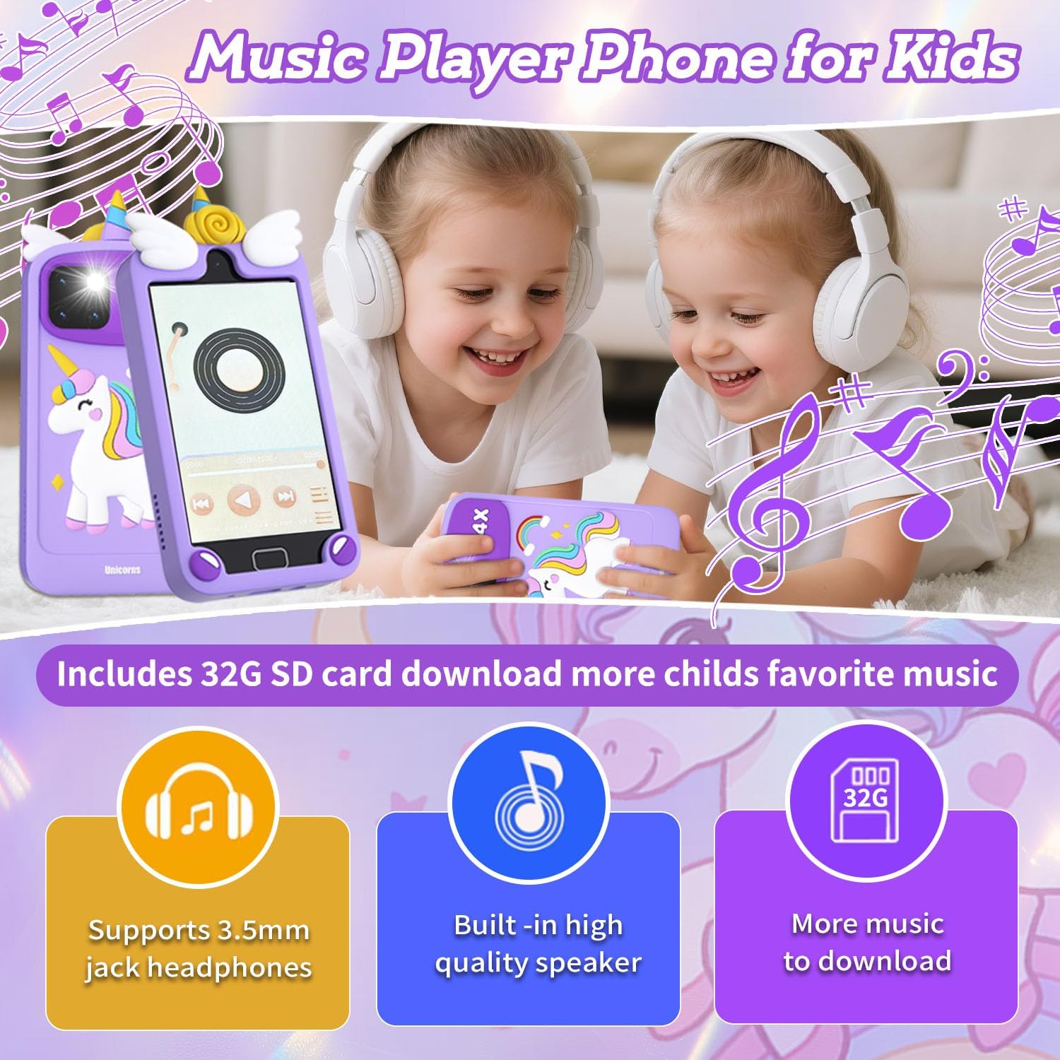 Purple unicorn kids phone music player - 32G SD card support 3.5mm headphones