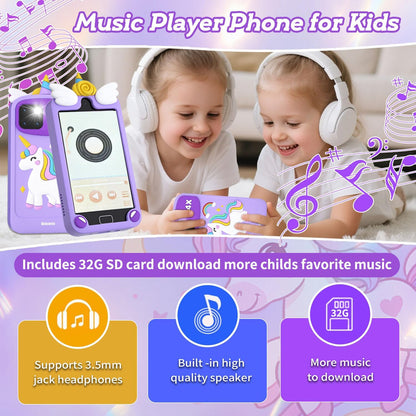 Purple unicorn kids phone music player - 32G SD card support 3.5mm headphones