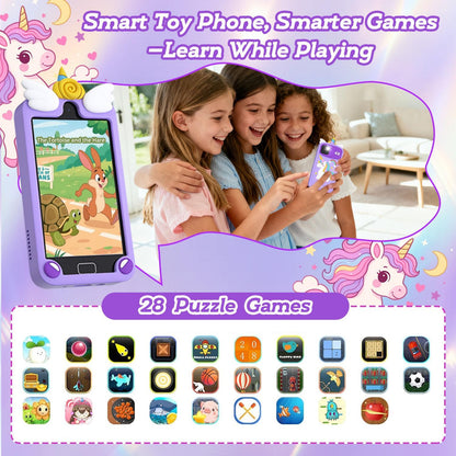 Purple unicorn kids smart phone 28 puzzle games - learn while playing with friends