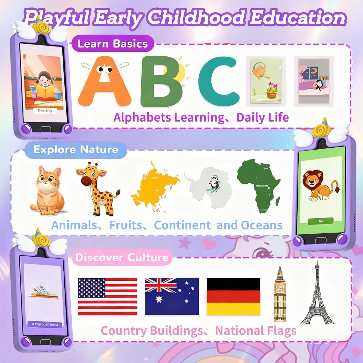 Purple unicorn kids phone early education features - alphabets animals national flags learning