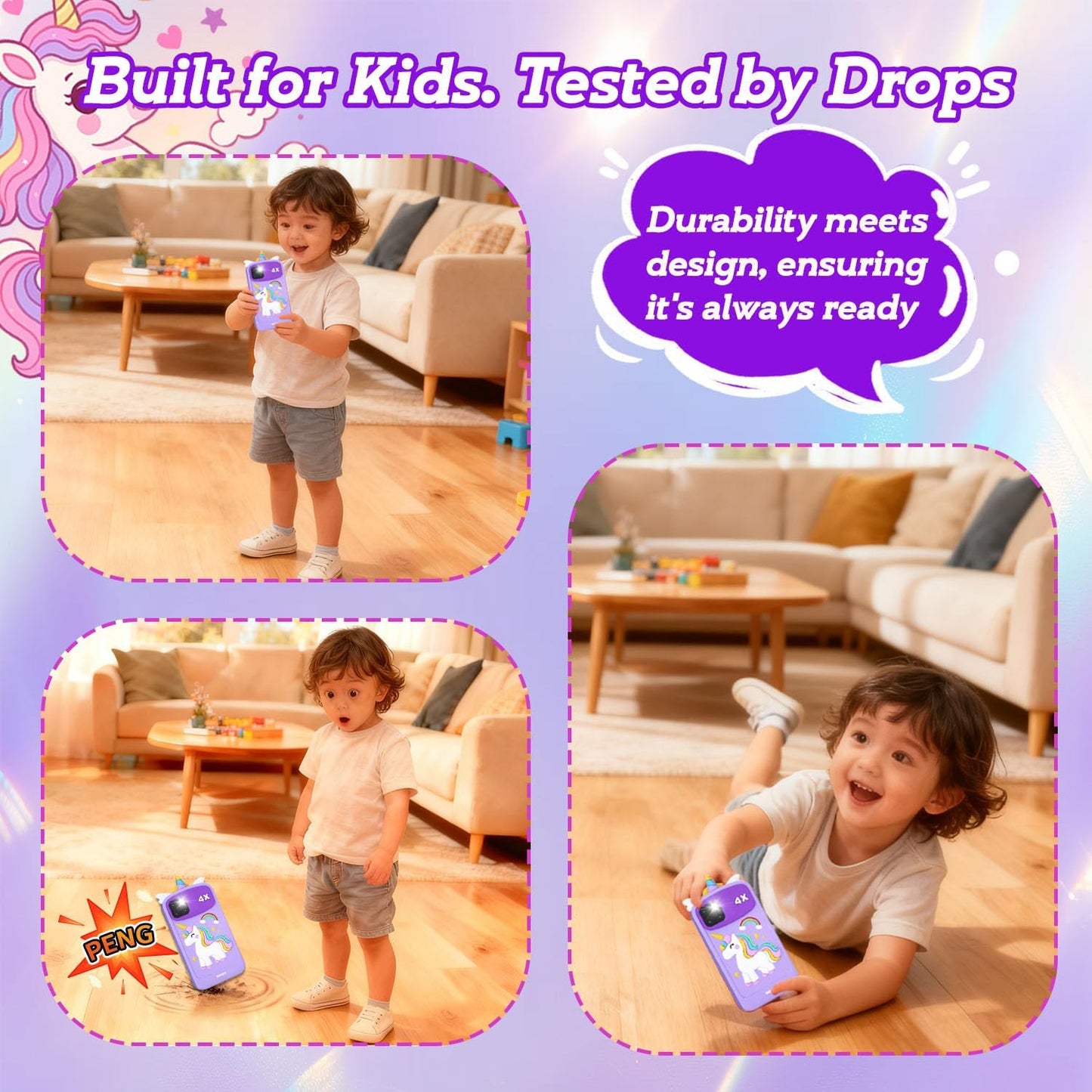 Purple unicorn kids smart phone drop test - durable silicone case for kids